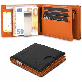 Vemingo Compact Money Clip Wallet with Security Features and Coin Compartment | Slim Design for Men in Black/Orange (XB-19)
