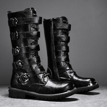 Punk Style Men's Martin Boots in Black Leather, Size 45-46