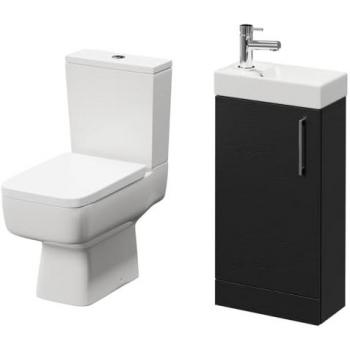 NapoLuxe Nero Oak 400 mm Compact Cloakroom Vanity & Toilet Suite – Floor‑Standing, Plastic, Single Door