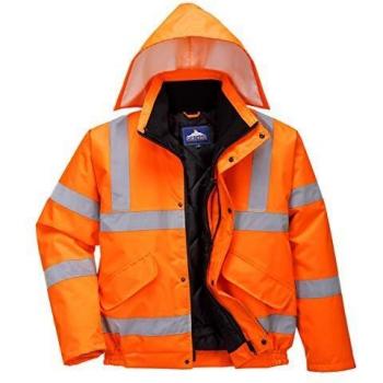 Mens Hi Vis Bomber Jacket Water Resistant Fleece Lined Hood Workwear Safety JKT