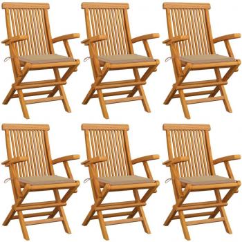 6 Solid Teak Wood Garden Chairs with Beige Cushions