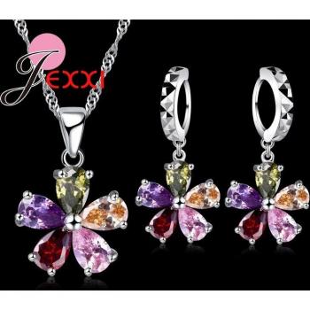 Shining Colorful Flower CZ Crystal Jewelry Set with Necklace and Earrings