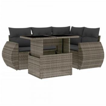 Salon extérieur 5 pièces avec coussins gris en résine tressée