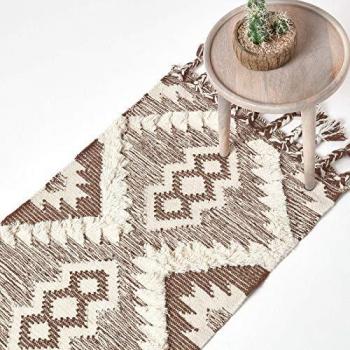 Lhasa Handwoven Brown and Cream Textured Diamond Pattern Wool Hall Runner Rug, 66 x 200 cm