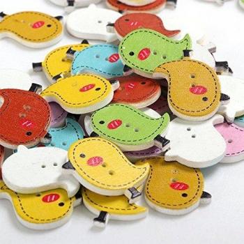 Trixes Nature‑Bird Craft Buttons – 100, 2‑hole, painted wooden birds