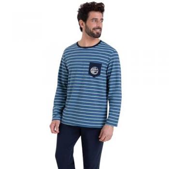 Pyjama long col rond Rayures Célestes Athena bleu