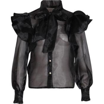 Camisa de Mujer con Manga Larga y Volantes Fruncidos, Cuello con Lazo, Primavera