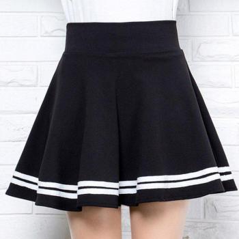 Plooirok Korte College Stijl Zwart met Witte Strepen Anti-Light Hoge Taille A-Lijn Fluffy Rok