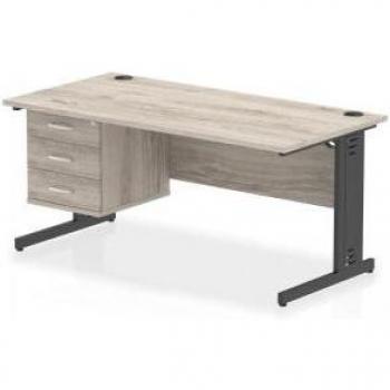 Impulse 1600 × 800mm Desk – Grey Oak/Black Cable Managed Leg, 3‑Drawer Fixed Pedestal (Model A)