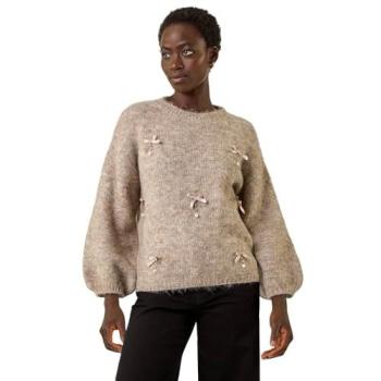 Roman Women’s Dark Brown Faux Pearl Bow Knitted Pullover – Medium/Large