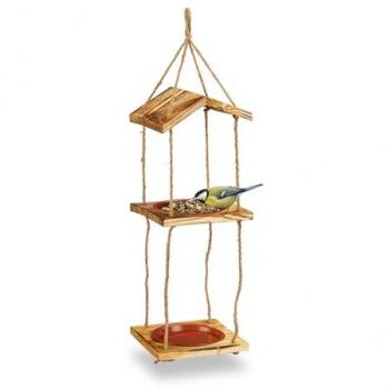 Vogelfutterstation mit 2 Schalen, hängend, Holz