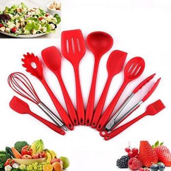 BPA Free Silicone Cooking Utensils 10 Pieces, Heat Resistant Nonstick Baking Set, Red