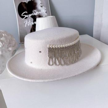 French Style Women's Wool Felt Hat with Tassel and Rhinestones