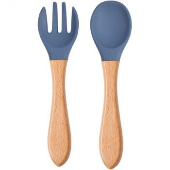 Wooden Handle Baby Feeding Spoon and Fork Set with Silicone Tips