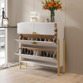 Sleek White Shoe Cabinet for 10 Shoes, Featuring 2 Sliding Doors & 1 Accessible Drawer