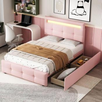 Letto Singolo Bambino 90x200 cm con Cassetti Integrati e Luci LED, Incluso Set di Biancheria, Varietà d'Uso, Tinta Rosa