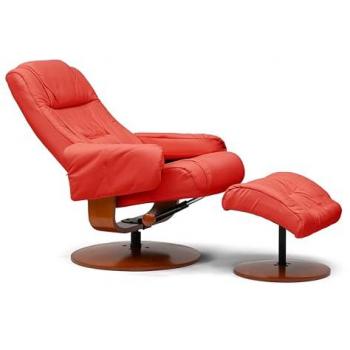 Sillón de relax Kemi 7232 con otomana reclinable de madera y piel color rojo