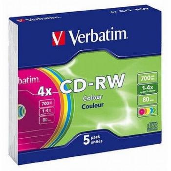 Verbatim Farbige CD‑RW 700 MB – 5‑Pack im Jewel Case (2× bis 4×)