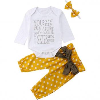 3Pcs Cute Baby Girl Tracksuit with Romper, Polka Dot Leggings, and Headband