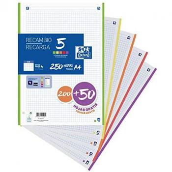 Recharges Oxford A4, 250 feuilles quadrillées, perforées, 5 couleurs de bande