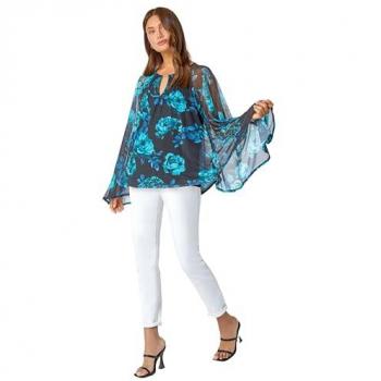 Blue Floral Print Mesh Stretch Top for Women