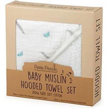 Petite Piccolo Floating Feather Design Hooded Baby Towel and Washcloth Set