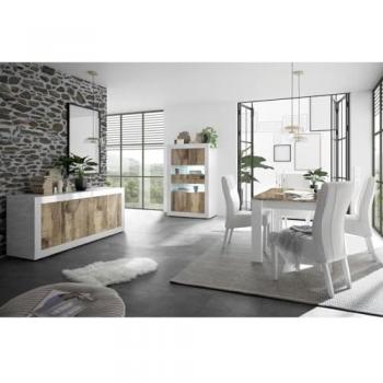 Séjour OTELLO + Buffet 4 portes, finition blanche laquée, touche bois antique