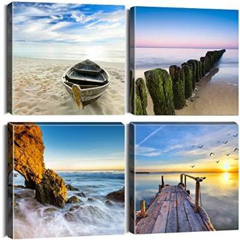 Artscope Collection 4 œuvres murales – bateaux en bois, enjeux et piles de plage