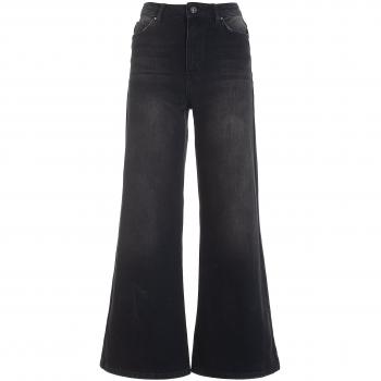 Calça Flare Cropped em Jeans Preto com Lavagem Média