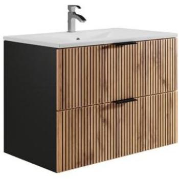 Meuble de salle de bain suspendu MADELA – Vasque encastrée, finition naturelle claire/noir, 80 cm