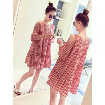Plus Size Ruffled Off Shoulder Cotton Blouse for Pregnant Women with Horn Design