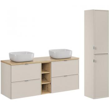 Meuble double vasque 140 cm, 3 niches + colonne en acier inoxydable