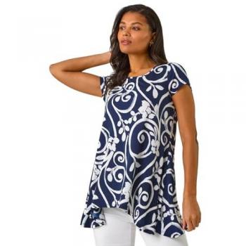 Roman Women's Floral Print Hanky Hem Tunic Top in Navy Size 14