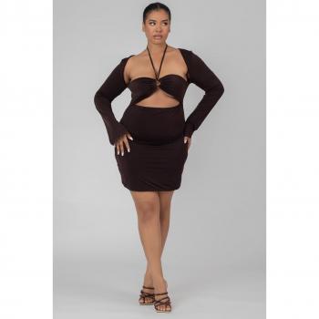 CURVE SLINKY RUCH BUST CUT OUT LONG SLEEVED DRESS CHOCOLATE