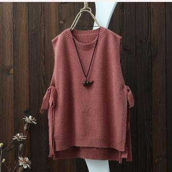 Gilet pour femmes, tricoté, col rond, style littéraire, unie, ample avec fentes