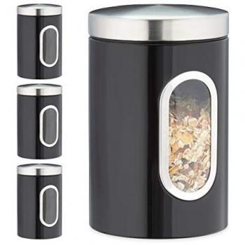 4x Barattolo in Metallo Nero per Cucina, 1,4 l