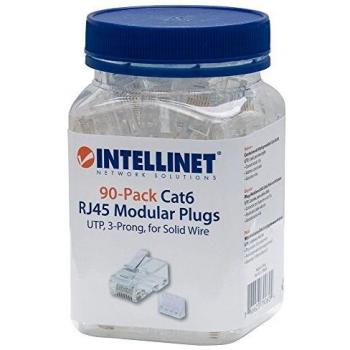 Intellinet RJ45 Modular Plugs Cat6 UTP 3-prong for solid wire 15 gold plated contacts 90 pack