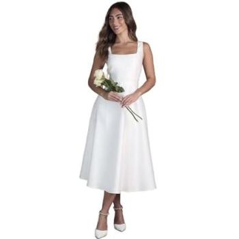 Elegant Ivory Belted Twill Midi Wedding Gown – S10