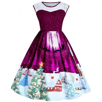 Women’s 1950s Vintage Christmas Pattern Swing Dress – Slim Fit, Mid-Length, Round Neck, Sleeveless
