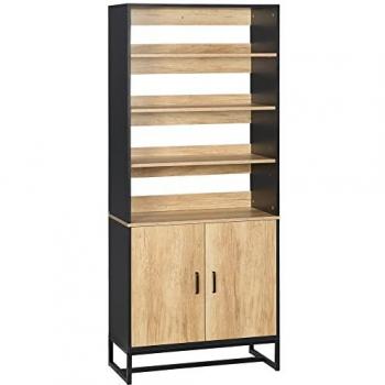 Buffet haut multi-rangements 2 portes en acier noir et bois clair avec étagères réglables
