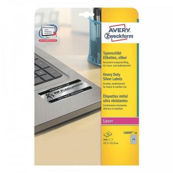 Etiqueta adhesiva Avery Poliéster Plata 45,7 x 21,2 mm láser pack de 960 unidades