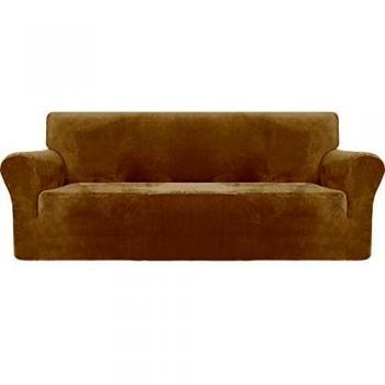 MAXIJIN Thick Velvet Sofa Covers 3 Seater Super Stretch Non Slip Couch Cover for Dogs Cat Pet Friendly 1-Piece Elastic Furniture Protector Plush Sofa Slipcovers (3 Seater, Camel)