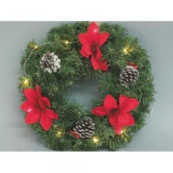 Corona verde pigne e stelle 35 cm LED bianco