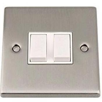 Commutateur Double 2 Gang Satiné Mat Chromé avec Insert Blanc en Plastique 10 A