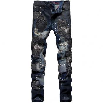Sokotoo Men's Slim Straight Owl Patchwork Jeans