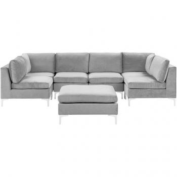 Canapé en velours gris 6 places avec pouf intégré EVJA