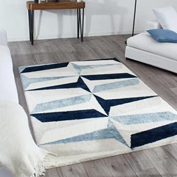 Tapis Motif Graphique Shaggy NAZAR RUGS 120x160 (Beige, Bleu, Ivoire)