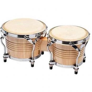 Instrument de percussion bongo en bois avec peaux naturelles, diamètre 16 et 20 cm, hauteur 17 cm