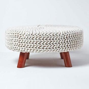 Natural Knitted Flat Footstool with Wooden Legs Large 62 x 62 x 30 cm