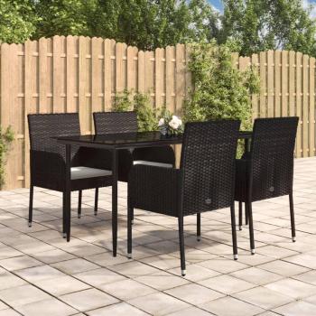 Black Poly Rattan 5-Piece Garden Dining Set with Cushions